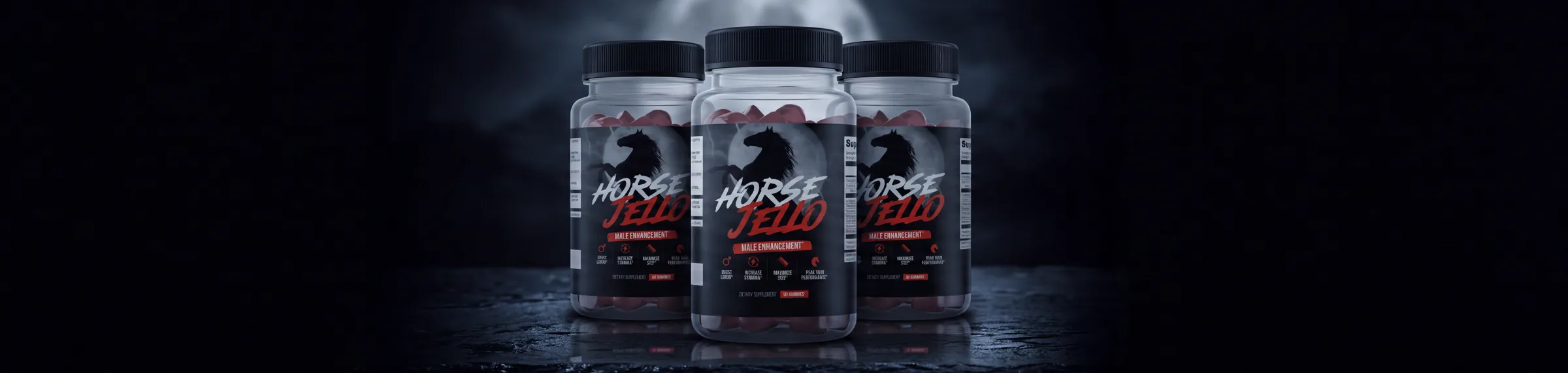 Three jars of Horse Jello&reg; on wet slate under moonlight